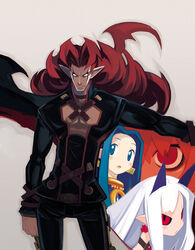  1boy 3girls blue_hair colored_sclera earrings expressionless facial_mark floating_hair harada_takehito horns jewelry long_hair looking_at_viewer multiple_girls no_pupils outstretched_arm phantom_kingdom photoshop_(medium) pointy_ears pram_(phantom_kingdom) red_hair red_sclera salome_(phantom_kingdom) slit_pupils smile standing trenia_(phantom_kingdom) very_long_hair white_eyes white_hair zetta_(phantom_kingdom) 