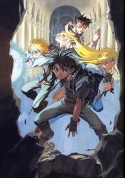  3boys black_hair blonde_hair cleo_everlastin female fingerless_gloves gloves headband highres kusaka_yuuya leki long_hair majic_lin majutsushi_orphen multiple_boys orphen sarua_solude scan 