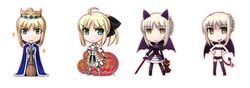  animal_ears artoria_pendragon_(fate) blue_cloak broom cat_ears chibi cloak crown excalibur_(fate/stay_night) excalibur_morgan_(fate) fate/hollow_ataraxia fate/stay_night fate/unlimited_codes fate_(series) female green_eyes halloween jack-o&#039;-lantern multiple_persona pantyhose pumpkin ribbon saber_(fate) saber_alter saber_lily sugar_(sugarless) sword tail thighhighs v-shaped_eyebrows weapon wings yellow_eyes 