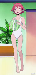  :d anime_screenshot ball barefoot blush_stickers feet female full_body highres kamisama_kazoku kamiyama_tenko one-piece_swimsuit open_mouth pigeon-toed red_eyes red_hair round_teeth short_hair skindentation smile solo standing stitched swimsuit teeth third-party_edit tongue watermark white_one-piece_swimsuit 