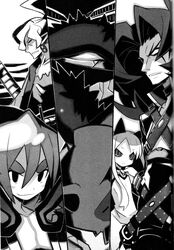  3boys alexander_(phantom_kingdom) artist_request babylon_(phantom_kingdom) closed_mouth disgaea dress expressionless female greyscale hair_between_eyes highres long_hair looking_at_viewer monochrome multiple_boys nippon_ichi phantom_kingdom pram_(phantom_kingdom) seedle_(phantom_kingdom) upper_body very_long_hair zetta_(phantom_kingdom) 