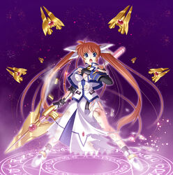  casing_ejection female fin_funnels fingerless_gloves gloves hair_ribbon injury jacket long_hair lyrical_nanoha magazine_(weapon) magic_circle magical_girl mahou_shoujo_lyrical_nanoha_strikers narutaki_shin open_clothes open_jacket photoshop_(medium) purple_eyes raising_heart raising_heart_(blaster_bit) raising_heart_(exceed_mode) red_hair ribbon scrape shell_casing solo soot staff takamachi_nanoha takamachi_nanoha_(exceed_mode) torn_clothes twintails very_long_hair 