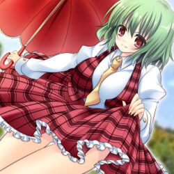  between_breasts blush breasts clothes_between_breasts clothes_lift commentary_request female green_hair kazami_yuuka large_breasts necktie panties pantyshot parasol red_eyes shirt short_hair skirt skirt_lift skirt_set smile solo suzuki_nene touhou umbrella underwear vest white_panties yellow_necktie 