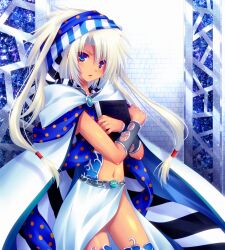  1boy androgynous bad_id bad_pixiv_id blue_eyes book bracer cape deumion final_fantasy final_fantasy_ii holding holding_book hugging_book hugging_object long_hair male_focus minatosaiga navel otoko_no_ko solo thighhighs white_hair 