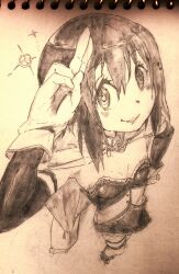  bad_id bad_pixiv_id cape elbow_gloves female from_above gloves magical_girl mahou_shoujo_madoka_magica mahou_shoujo_madoka_magica_(anime) miki_sayaka miki_sayaka_(magical_girl) monochrome photoshop_(medium) salute smile solo sparkle touyu 