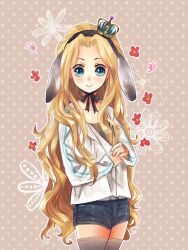  1boy animal_ears baka_ki_el_dogra black_shorts blonde_hair blue_eyes commentary crown donbou11 fake_animal_ears flower level_e long_hair male_focus mini_crown otoko_no_ko photoshop_(medium) rabbit_ears short_shorts shorts smile solo symbol-only_commentary thighhighs wavy_hair 