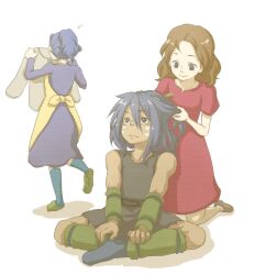  1boy 2girls apron arm_warmers arrietty blue_hair brown_hair comb dress footwear homily indian_style karigurashi_no_arrietty kneeling leg_warmers multiple_girls purple_dress red_dress sitting slippers socks spiller studio_ghibli 