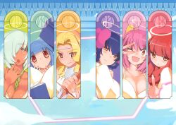  6+girls ahoge apollo_(kaminomi) book breasts cleavage column_lineup dark-skinned_female dark_skin diana_(kaminomi) hair_over_one_eye halo highres jewelry kami_nomi_zo_shiru_sekai large_breasts mars_(kaminomi) mercurius_(kaminomi) minerva_(kaminomi) multiple_girls necklace one_eye_closed v vulcanus_(kaminomi) wakaki_tamiki 