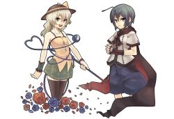  2girls adapted_costume antennae bad_id bad_pixiv_id bare_shoulders black_gloves black_legwear cape crowbar fingerless_gloves flower gloves green_eyes green_hair hat holding holding_crowbar komeiji_koishi konbu_ame long_hair multiple_girls open_mouth pants rose short_hair skirt thighhighs third_eye touhou wriggle_nightbug 