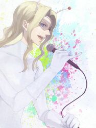  1boy androgynous antennae baka_ki_el_dogra blonde_hair blue_eyes bodysuit commentary_request glasses highres level_e long_hair male_focus microphone music singing solo tcoffee 