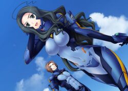  artist_request black_hair bodysuit breasts brown_hair cloud dutch_angle female fortified_suit game_cg hugh_winston large_breasts long_hair monica_giacosa muv-luv muv-luv_alternative muv-luv_alternative_chronicles photoshop_(medium) pilot_suit skin_tight sky 