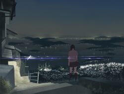  black_hair city city_lights cityscape commentary_request crane_(machine) female from_behind grass hill lamppost lens_flare night original outdoors railing shiira skirt solo stairs standing water wind 