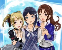  3girls :d ;d belt blonde_hair blue_eyes blue_hair brown_hair choker commentary_request dress hair_bobbles hair_ornament hairclip hand_on_another&#039;s_shoulder holding_hands idolmaster idolmaster_dearly_stars long_hair mizutani_eri multiple_girls nerotarou one_eye_closed open_mouth ozaki_reiko pink_eyes plaid purple_eyes smile suzuki_ayane twintails 