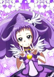  :&lt; ahoge argyle_background ayase_yue big_hair bow choker commentary_request cosplay cure_peace cure_peace_(cosplay) double_v dress female hair_flaps long_hair magical_girl mahou_sensei_negima! precure purple_background purple_bow purple_choker purple_eyes purple_hair purple_skirt purple_theme pururun_z skirt smile_precure solo star_(symbol) starry_background unofficial_precure_costume v wide_ponytail 