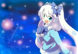  blue_bow blue_bowtie blue_coat blue_eyes bow bowtie coat commentary earmuffs female fur-trimmed_coat fur_trim gem hair_ornament hairbow hatsune_miku long_hair looking_at_viewer massala mittens open_mouth smile snowflakes solo twintails upper_body very_long_hair vocaloid white_hair yuki_miku yuki_miku_(2012) 