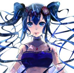  blue_eyes blue_hair choker commentary_request female hatsune_miku jewelry long_hair necklace partial_commentary shirayuki_towa simple_background solo twintails upper_body vocaloid white_background 