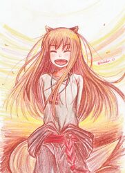  :d ^_^ absurdres animal_ears arms_behind_back artist_name bad_id bad_pixiv_id brown_hair closed_eyes dualsaber female highres holo long_hair open_mouth smile solo spice_and_wolf tail traditional_media wolf_ears wolf_girl wolf_tail 