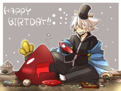  1boy bad_id bad_pixiv_id black_pants blazblue blush closed_eyes dead_spike grey_background happy_birthday kuro_yuzu male_focus pants ragna_the_bloodedge white_hair 