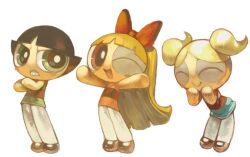  3girls absurdres blonde_hair blossom_(ppg) bow bubbles_(ppg) buttercup_(ppg) closed_eyes commentary_request crossed_arms hairbow highres koki_(ryoushikiha) multiple_girls one_eye_closed powerpuff_girls toon_(style) twintails 