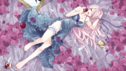  apple barefoot broken_glass chaka0w0 commentary_request dress feet female flower food from_above fruit glass highres long_hair lying megurine_luka rose solo strap_slip vocaloid 