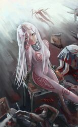  albino bodysuit breasts cicada_(bloodcicada) collar colored_eyelashes deadman_wonderland female gloves hair_over_one_eye highres lips long_hair medium_breasts navel red_eyes shiro_(deadman_wonderland) skin_tight solo very_long_hair white_hair 