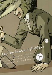  1boy all_fours big_boss box cardboard_box crocodile crocodilian english_text formal hal_akane highres male_focus medal metal_gear_(series) metal_gear_solid necktie translated 