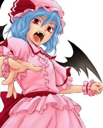  bat_wings blue_hair chikado fangs female hands hat open_mouth red_eyes remilia_scarlet skirt skirt_set solo tongue touhou upper_body vampire white_background wings wrist_cuffs 