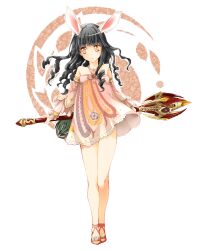  animal_ears bad_id bad_pixiv_id bare_legs bare_shoulders black_hair commentary_request curly_hair detached_sleeves dress drill_hair elin female highres legs long_hair sandals shizaki_asuka simple_background solo staff tera_online white_background 