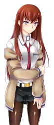  ayano_naoto belt black_shorts blue_eyes blush brown_hair brown_pantyhose commentary_request female highres jacket long_hair looking_at_viewer makise_kurisu necktie painttool_sai_(medium) pantyhose pantyhose_under_shorts red_necktie shorts simple_background solo steins;gate white_background 