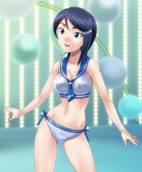  bare_shoulders bikini blue_eyes blue_hair breasts cleavage commentary_request female hair_ornament hairclip idolmaster idolmaster_dearly_stars long_hair medium_breasts mizutani_eri muhi11234 navel open_mouth sailor_bikini sailor_collar sailor_swimsuit_(idolmaster) shiny_skin smile solo swimsuit thighs 