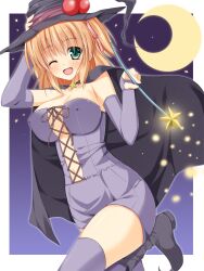  ;d asa_no_ha_(awayuki) blush border borrowed_character breasts cape cleavage commentary_request covered_nipples crescent_moon female green_eyes hat large_breasts medium_hair miria_(wizard_erk) moon navel one_eye_closed open_mouth orange_hair original outside_border photoshop_(medium) smile solo star_(symbol) thighhighs twintails wand white_border witch_hat zettai_ryouiki 