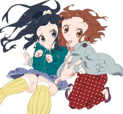  2girls :d bad_id bad_pixiv_id black_hair blue_eyes brown_eyes brown_hair hirasawa_yui k-on! long_hair multiple_girls nakano_azusa open_mouth photoshop_(medium) polka_dot ponytail simple_background skirt smile touyu v white_background 