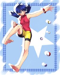  armpits barefoot blue_eyes blue_hair commentary_request earrings feet female great_ball hk_(nt) jewelry kicking kris_(pokemon) poke_ball poke_ball_(basic) pokemon pokemon_adventures shorts smile solo twintails ultra_ball yellow_shorts 