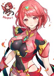  blush breasts chest_jewel earrings female fingerless_gloves food gloves highres jewelry large_breasts looking_at_viewer pyra_(xenoblade) red_eyes red_hair short_hair sidelocks smile solo swept_bangs takeashiro tiara xenoblade_chronicles_(series) xenoblade_chronicles_2 