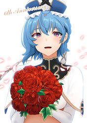  :d akagi_kurage anniversary blue_hair blue_hat blush bouquet breasts capelet commentary_request elbow_gloves eleonora_(sennen_sensou_aigis) female flower gloves hair_between_eyes hat highres holding holding_bouquet medium_breasts mole mole_under_eye open_mouth purple_eyes red_flower red_rose rose sennen_sensou_aigis smile solo upper_body white_background white_capelet white_gloves 