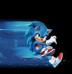  1boy bad_id bad_twitter_id black_background blue_spine commentary electricity full_body furry gloves green_eyes looking_at_viewer male_focus motion_blur redesign revision running shoes smirk sneakers snout solo sonic_(live_action) sonic_(series) sonic_the_hedgehog sonic_the_hedgehog_(film) tail tyson_hesse white_gloves 