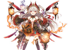  :d bangs bare_shoulders black_legwear black_sleeves blurry blurry_foreground blush book breasts burning character_request commentary_request cryptract curled_horns demon_horns depth_of_field detached_sleeves earrings eyebrows_visible_through_hair female fingernails fire glint grey_hair hair_between_eyes heart holding horns jewelry kikka_(kicca_choco) lantern layered_skirt long_hair long_sleeves looking_at_viewer medium_breasts nail_polish navel navel_cutout oerba_yun_fang open_book open_mouth outstretched_arm pink_nails pleated_skirt pointy_ears quill red_eyes red_skirt simple_background skirt smile solo thighhighs tiara two_side_up v-shaped_eyebrows very_long_hair white_background wide_sleeves 