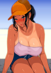  baseball_cap black_hair breasts camisole cleavage commentary covered_nipples dated_commentary day female hat large_breasts off_shoulder original outdoors ponytail short_shorts shorts sitting solo spaghetti_strap sweat tan tanlines youshu_ohepe 