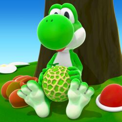  1:1 2016 3_toes 3d_(artwork) ambiguous_gender anthro barefoot cantaloupe cinnamoncookies clothing digital_media_(artwork) feet flower food footwear fruit green_body green_yoshi looking_at_viewer mario_bros melon nintendo nude outside plant scalie shoes sitting soles solo toes tree yoshi 