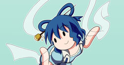  bent_over blue_background blue_dress blue_hair breasts chibi closed_mouth commentary_request dress female hagoromo hair_ornament hair_rings hair_stick hands_up kaku_seiga puffy_short_sleeves puffy_sleeves rakugaki-biyori shawl short_sleeves simple_background small_breasts smile solo touhou vest white_vest 