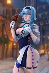  ass blue_dress blue_hair breasts building casual cleavage cowboy_shot dress eating eula_(genshin_impact) female food food_on_face genshin_impact gloves hairband hand_on_own_chest holding holding_food iury_padilha lips looking_at_viewer medium_breasts night night_sky nose short_dress sky standing thick_thighs thigh_strap thighs vision_(genshin_impact) watermark white_gloves 