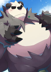  2021 anthro belly black_body cloud generation_6_pokemon kemono leaf nintendo outside overweight pangoro pokemon pokemon_(species) shirosaru solo white_body 