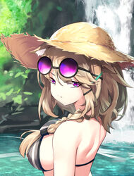  :t animal_ear_fluff animal_ears arknights bare_shoulders bikini braid breasts brown_hair commentary eyewear_on_head female grey_bikini hair_between_eyes hat large_breasts ling_huanxiang long_hair looking_at_viewer official_alternate_costume outdoors purple_eyes single_braid solo sun_hat sunglasses swimsuit upper_body utage_(arknights) utage_(summer_flowers)_(arknights) water waterfall 