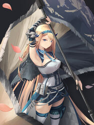  absurdres arknights arm_up armpits bare_shoulders beancake belt black_background black_gloves blonde_hair blue_eyes blue_hairband blue_necktie blue_skirt breasts commentary cowboy_shot detached_collar elbow_gloves female fingerless_gloves flag gloves grey_belt hairband highres holding holding_flag horns long_hair looking_at_viewer medium_breasts miniskirt necktie petals pouch saileach_(arknights) simple_background skirt solo standing strapless thighhighs thighs tube_top very_long_hair white_thighhighs 