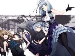  404_(girls&#039;_frontline) 4girls absurdres alternate_costume arm_under_breasts armpits ascot bare_back black_dress black_gloves black_thighhighs blue_ascot blush border bow bracelet breasts brown_hair cleavage clenched_hand closed_mouth commentary_request copyright_name cross double_bun dress dress_bow dress_flower eyebrows flower frilled_dress frills from_side g11_(girls&#039;_frontline) girls&#039;_frontline gloves green_eyes grey_eyes grey_hair hair_bun hair_flower hair_ornament hairband hand_on_own_head hand_up head_tilt highres hk416_(girls&#039;_frontline) hk416_(starry_cocoon)_(girls&#039;_frontline) jewelry large_breasts long_hair looking_at_viewer looking_to_the_side low_twintails medium_breasts multiple_girls oerba_yun_fang official_alternate_costume open_mouth parted_lips pleated_dress pointing ponytail purple_dress red_eyes scar scar_across_eye scar_on_face scarf short_dress short_sleeves side_ponytail sidelocks simple_background single_hair_bun sleeveless sleeveless_dress smile strapless strapless_dress tete3873 thighhighs twintails two-tone_dress ump45_(diamond_flower)_(girls&#039;_frontline) ump45_(girls&#039;_frontline) ump9_(girls&#039;_frontline) ump9_(the_world&#039;s_melody)_(girls&#039;_frontline) waving white_border white_dress white_hairband wristband yellow_eyes 