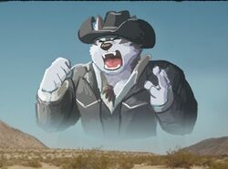  anthro big_enough canid canine canis chest_tuft closed_eyes clothing cowboy cowboy_hat cowboy_outfit fangs fur hat headgear headwear horkeu_kamui_(tas) humor lifewonders low_res male mammal meme open_mouth screaming screaming_cowboy solo teeth tigerlukke tokyo_afterschool_summoners tongue tuft wolf yelling 