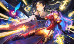  2girls bel_maana_(fate) black_hair bodysuit boots commentary_request crescent crescent_facial_mark energy_beam facial_mark fate/grand_order fate_(series) finger_gun floating forehead_mark galaxy glowing glowing_eyes hair_ribbon highres ishtar_(fate) kito_(kito2) multiple_girls outstretched_arms partial_commentary pointing purple_hair ribbon space_ishtar_(fate) space_ishtar_(third_ascension)_(fate) spread_arms star_(symbol) star_facial_mark symbol-shaped_pupils twintails yellow_eyes 