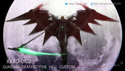  beam_scythe energy_weapon green_eyes gundam gundam_deathscythe_hell_custom gundam_wing gundam_wing_endless_waltz holding holding_scythe looking_up mecha mechanical_wings mobile_suit moon no_humans pixiv_id robot science_fiction scythe serike_w signature solo twitter_username v-fin web_address wings 