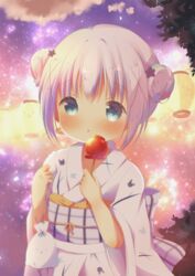  :o animal_print blue_eyes blue_hair blush candy_apple commentary_request double_bun female food gochuumon_wa_usagi_desu_ka? hair_between_eyes hair_bun hair_ornament hands_up highres holding holding_food japanese_clothes kafuu_chino kimono lantern long_sleeves looking_at_viewer night night_sky obi outdoors paper_lantern parted_lips rabbit_print rin_(fuwarin) sash short_hair sidelocks sky solo star_(sky) starry_sky upper_body white_kimono wide_sleeves x_hair_ornament yukata 