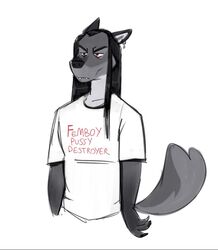  2022 anthro black_hair cadaverrdog canid canine canis dragoslav_berezovsky ear_piercing ear_ring ears_back eurasian_wolf fangs fur grey_body grey_fur grumpy hair half-closed_eyes hi_res humor long_hair male mammal narrowed_eyes novelty_clothing piercing pivoted_ears ring_piercing solo teeth vampire wolf 